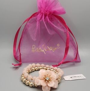 Lilly Pulitzer Pink Flower Bloom Stretch Beaded Bracelet Pink & Gold NWT